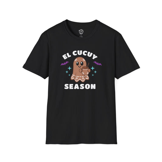 El Cucuy Season terracotta ghost holding a clay-style cup with purple bats and turquoise stars on a black adult T Shirt.