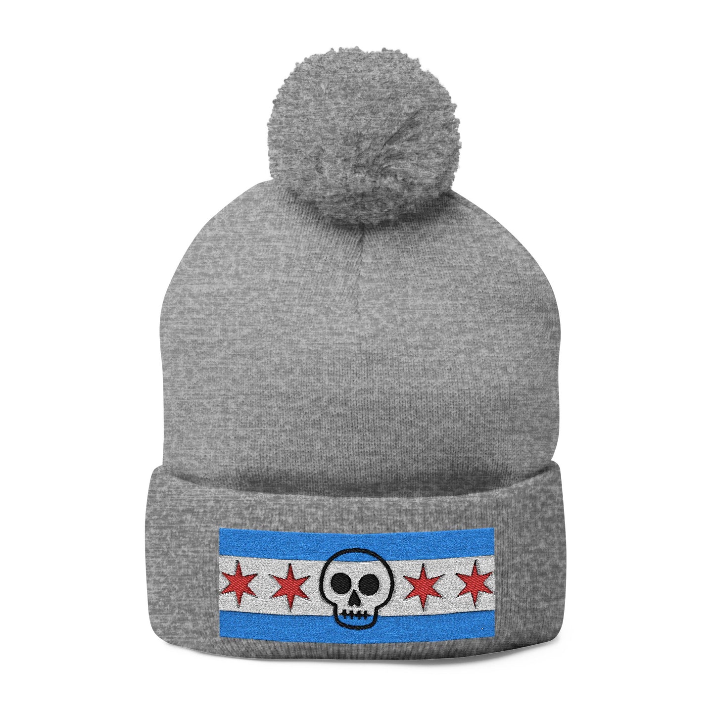 Chicago Skull Flag Pom Beanie Calavera Chicago Knit Cap