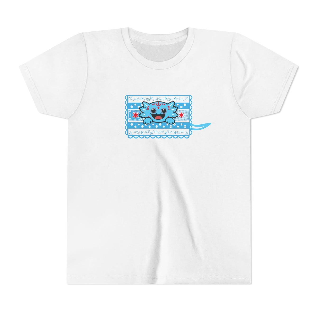 A blue axolotl pops through Chicago flag-inspired papel picado on a white youth tee