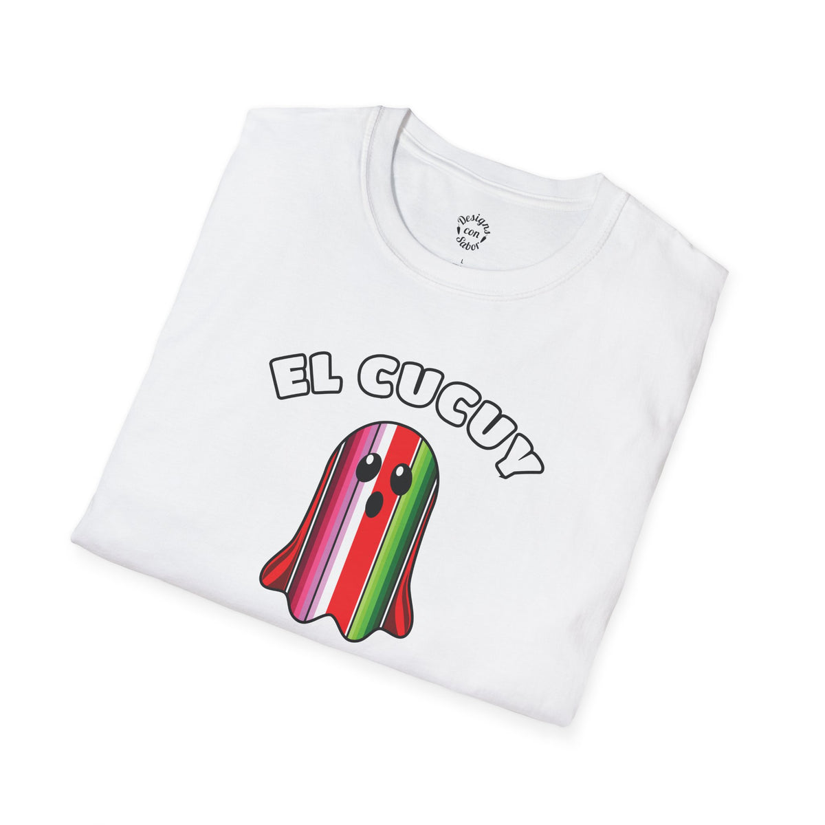 Folded white El Cucuy Season multicolor Mexican gabán-inspired ghost design on an adult T Shirt