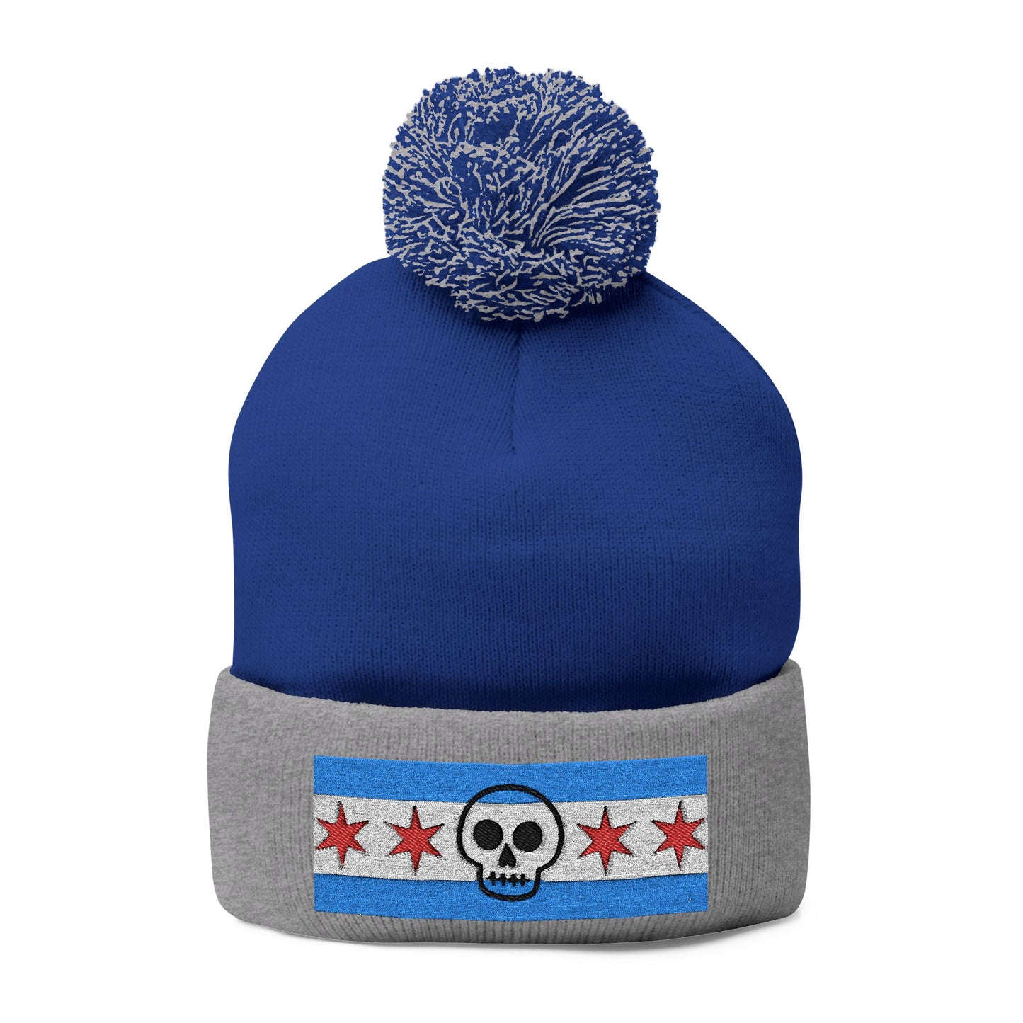 Chicago Skull Flag Pom Beanie Calavera Chicago Knit Cap