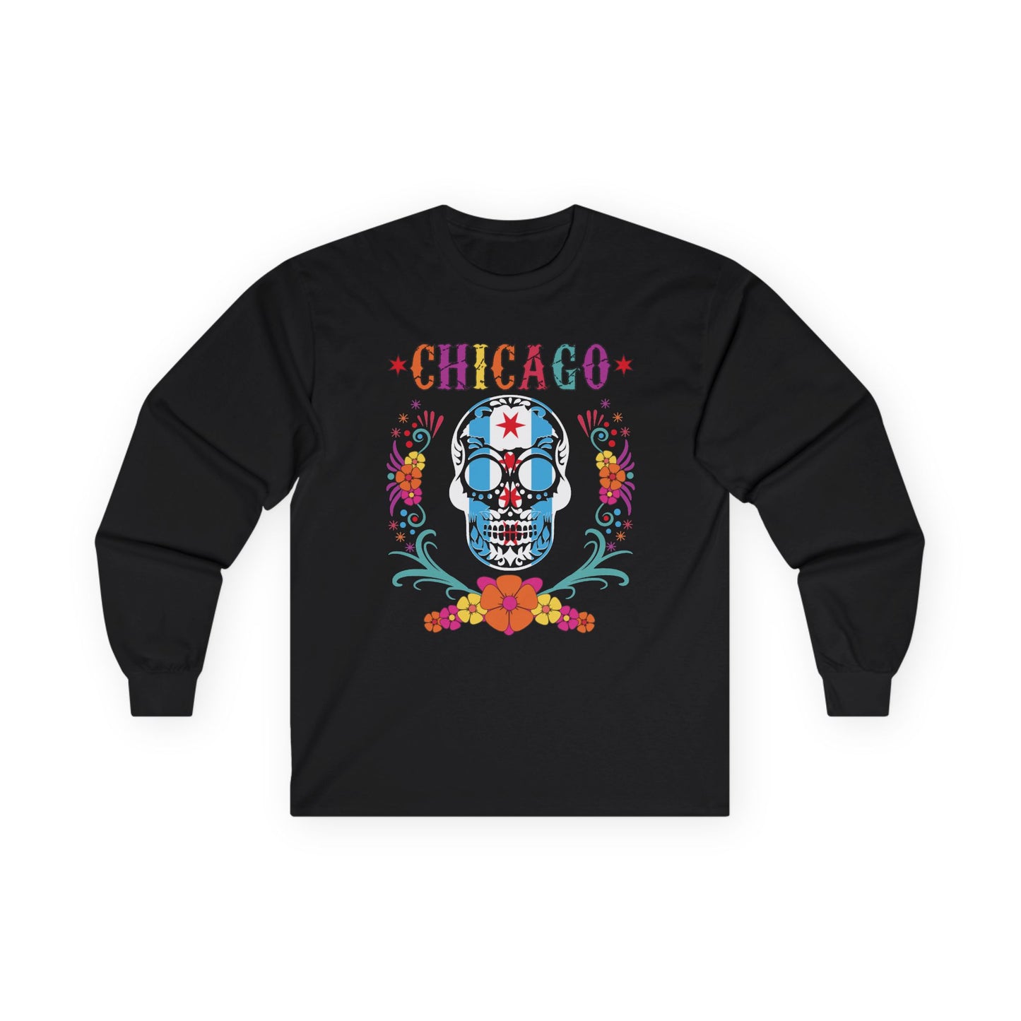 Chicago Skull Dia De Los Muertos Long Sleeve Tee