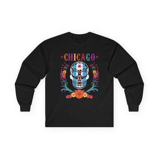 Chicago Skull Dia De Los Muertos Long Sleeve Tee