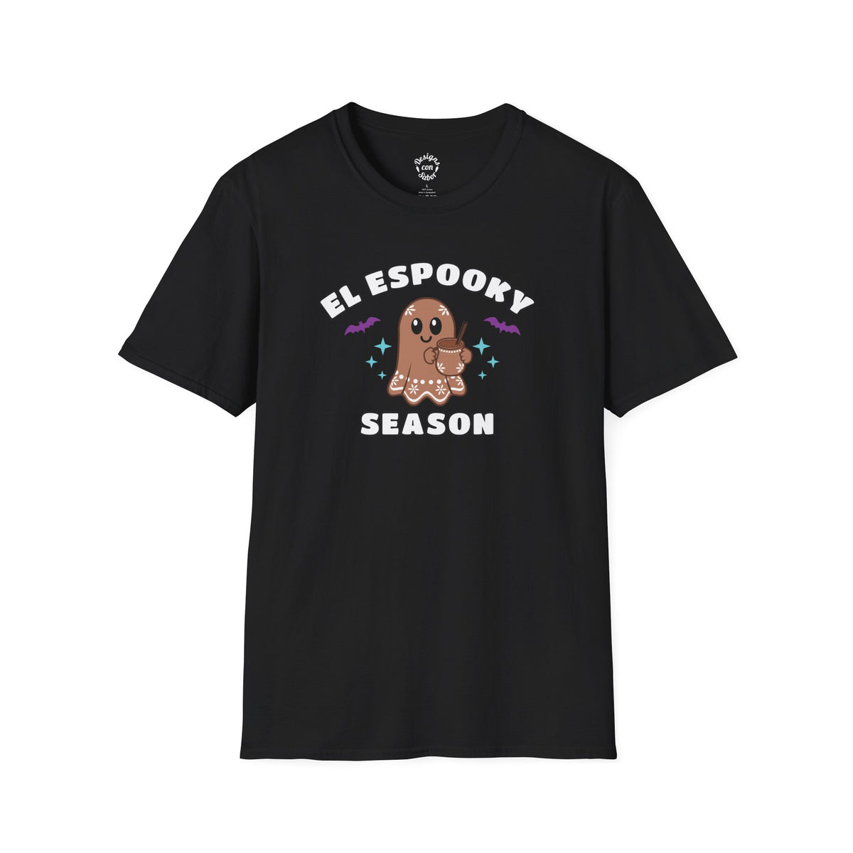 El Espooky Season terracotta ghost design with purple bats and turquoise stars on a black adult T Shirt.