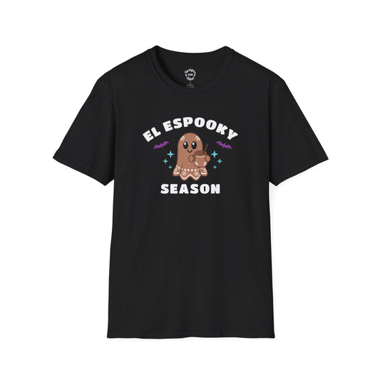 El Espooky Season terracotta ghost design with purple bats and turquoise stars on a black adult T Shirt.