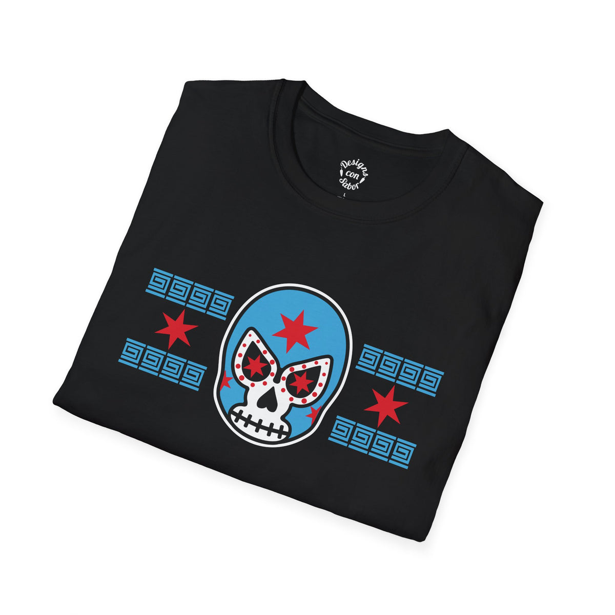 Folded black Chicago Lucha Calavera T Shirt showing the lucha mask design