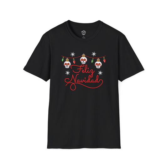 Feliz Navidad Skull Lights T Shirt Playful Christmas Calavera Tee