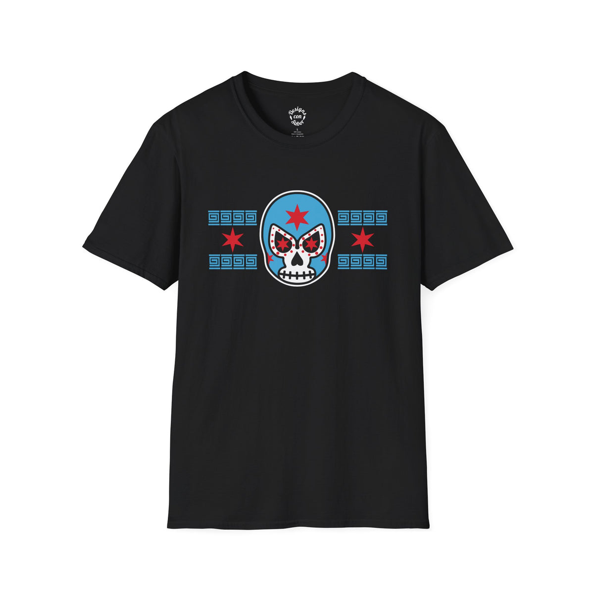 Black Chicago Lucha Calavera graphic T Shirt with lucha mask, red six-point stars and blue geometric patterns