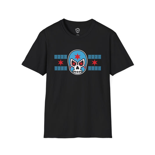 Black Chicago Lucha Calavera graphic T Shirt with lucha mask, red six-point stars and blue geometric patterns