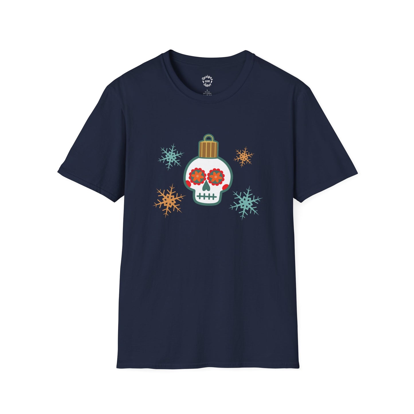 Skull Ornament Christmas T Shirt Colorful Snowflakes Calavera Tee