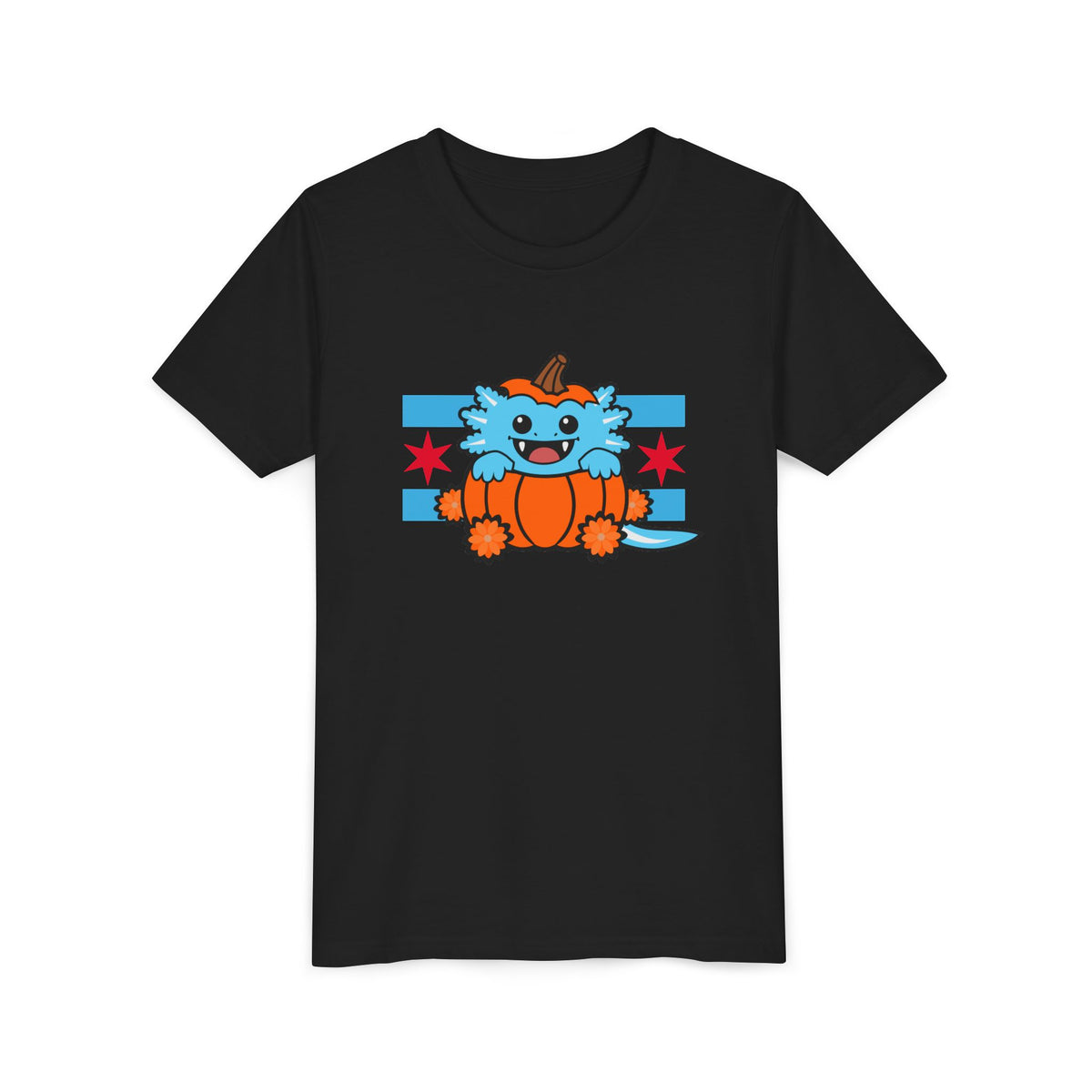 Youth Blue Axolotl Chicago Halloween Pumpkin T Shirt