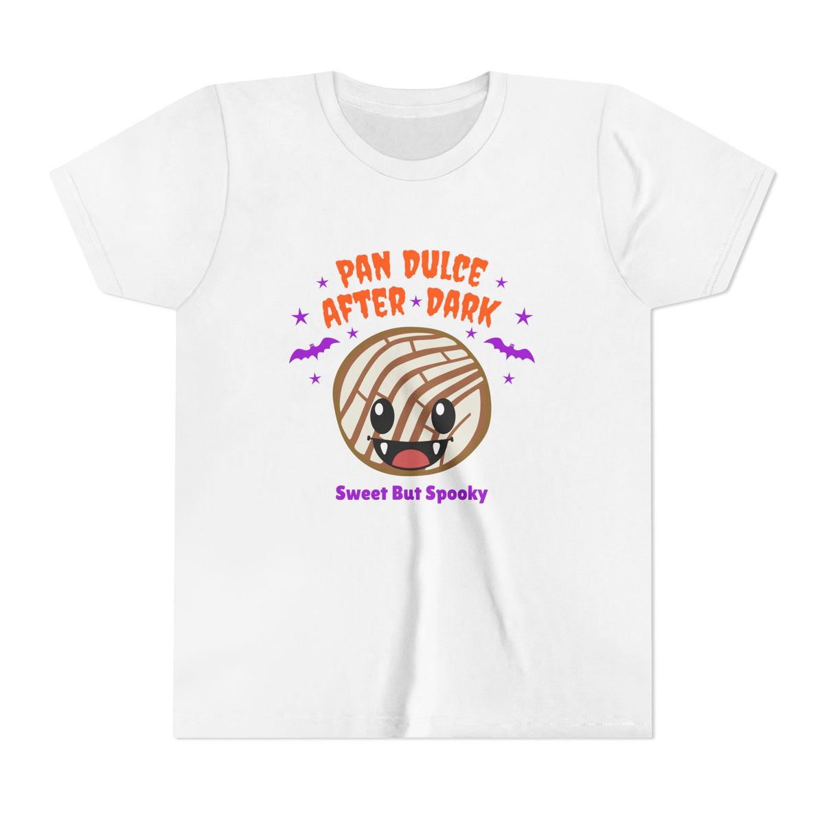 A vampire concha, purple bats, and Pan Dulce After Dark spooky-cute white youth tee