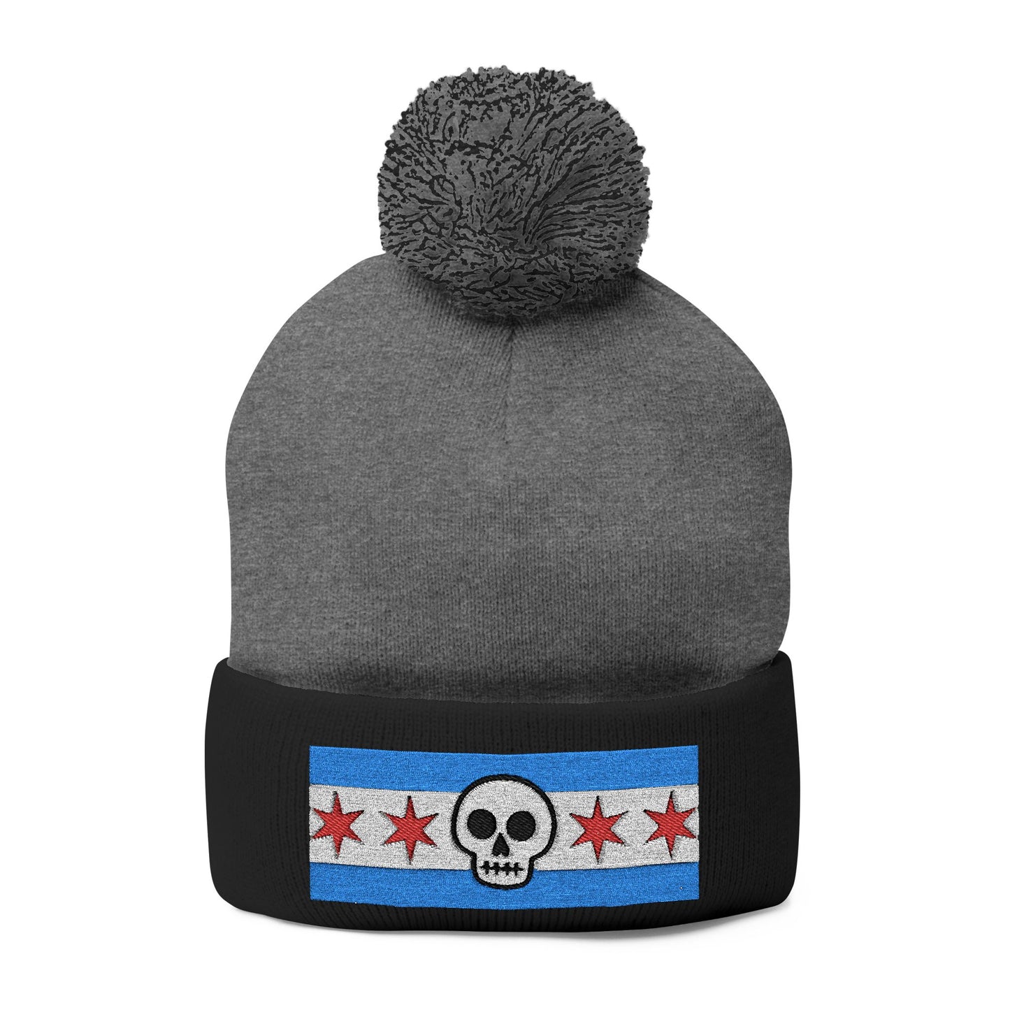 Chicago Skull Flag Pom Beanie Calavera Chicago Knit Cap