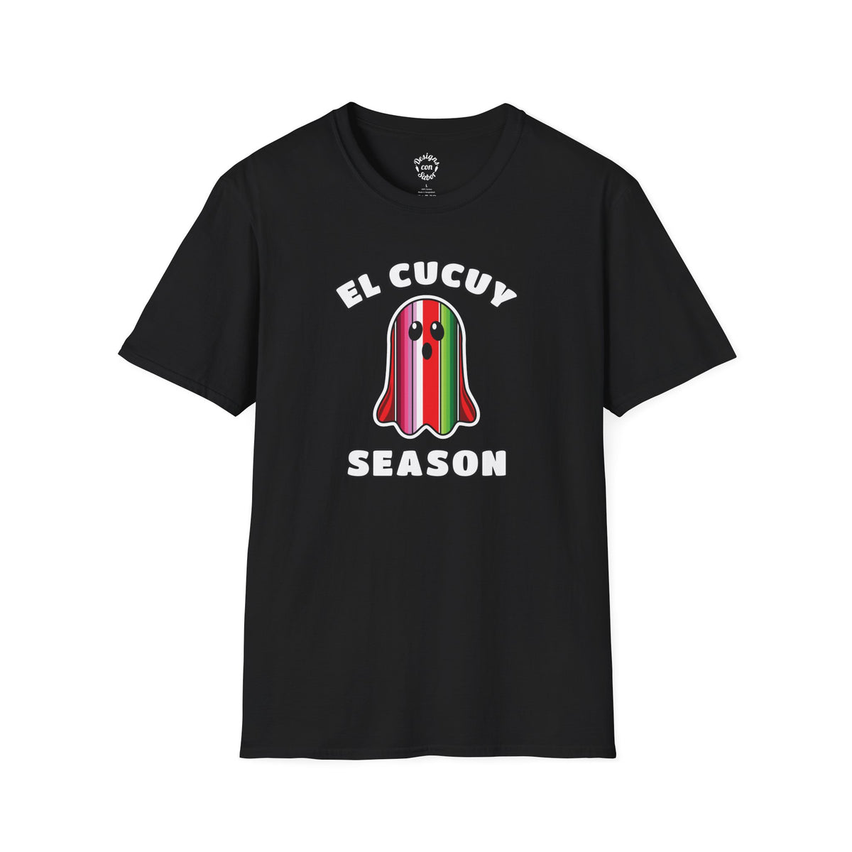 El Cucuy Season multicolor Mexican gabán-inspired ghost design on a black adult T Shirt.