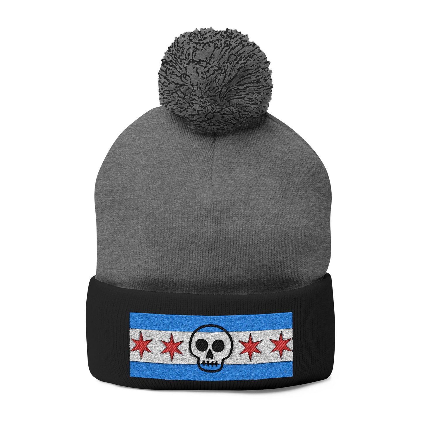 Chicago Skull Flag Pom Beanie Calavera Chicago Knit Cap