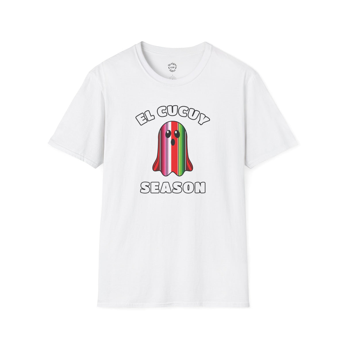 El Cucuy Season multicolor Mexican gabán-inspired ghost design on a white adult T Shirt.