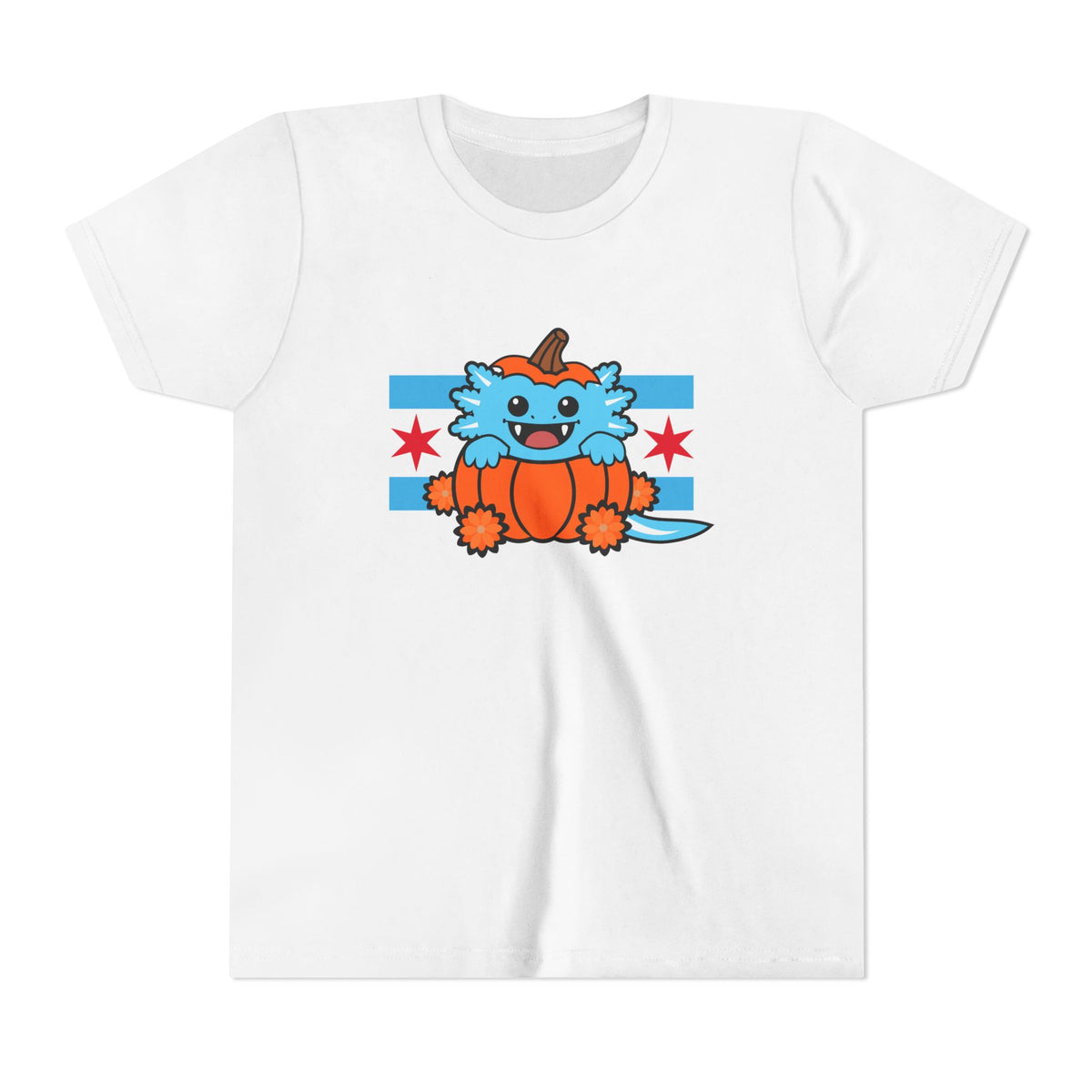 Youth Blue Axolotl Chicago Halloween Pumpkin T Shirt
