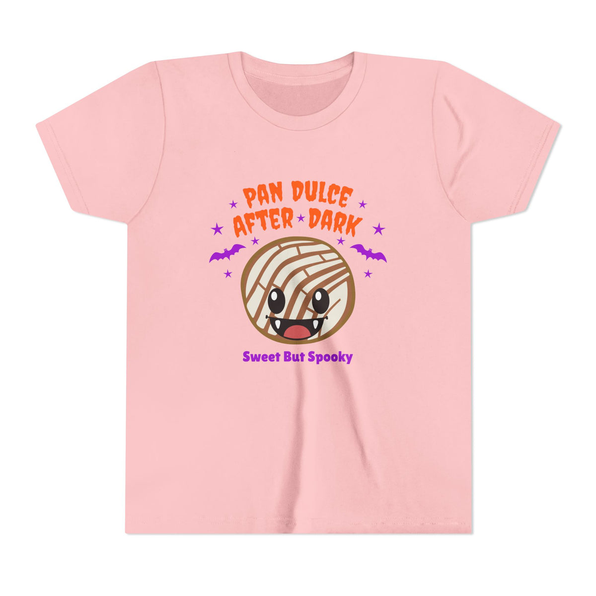 A vampire concha, purple bats, and Pan Dulce After Dark spooky-cute pink youth tee