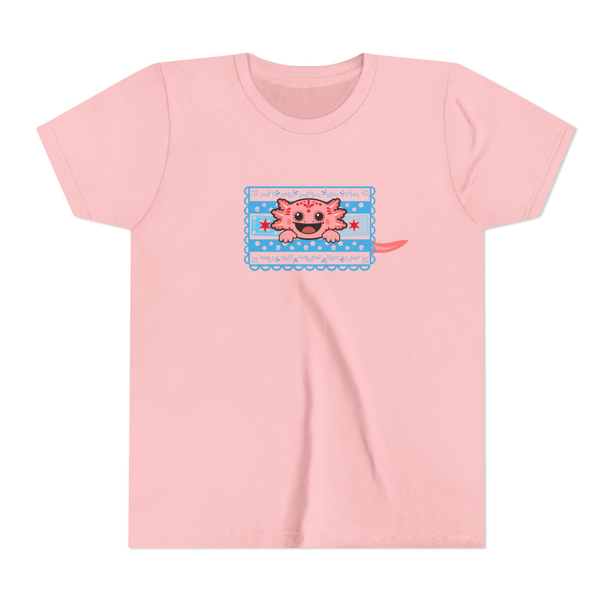 A pink axolotl pops through Chicago flag-inspired papel picado on a pink youth tee