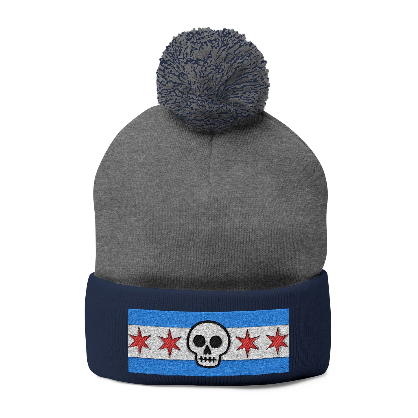 Chicago Skull Flag Pom Beanie Calavera Chicago Knit Cap