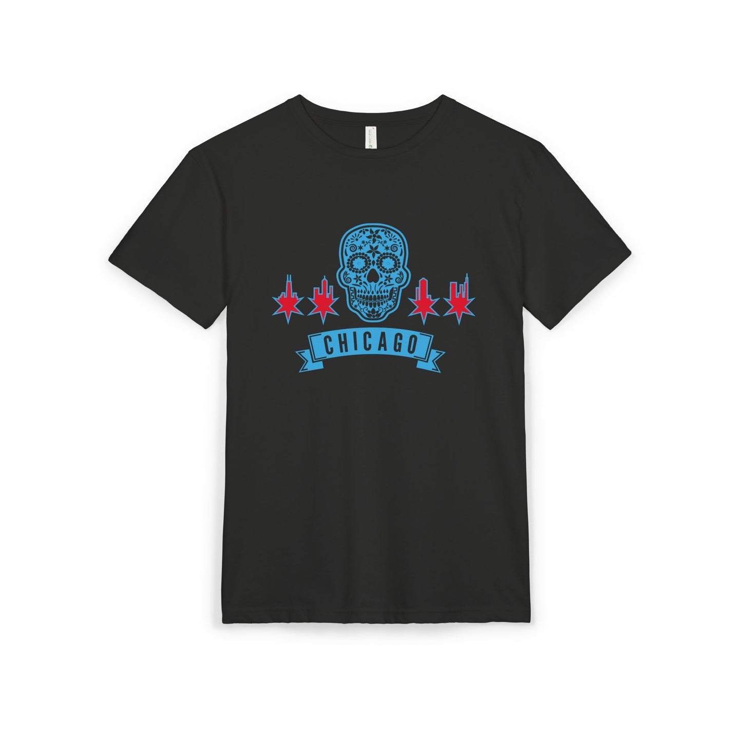 Chicago Skull Sueded T-Shirt with Banner Chicago Flag Inspired Tee