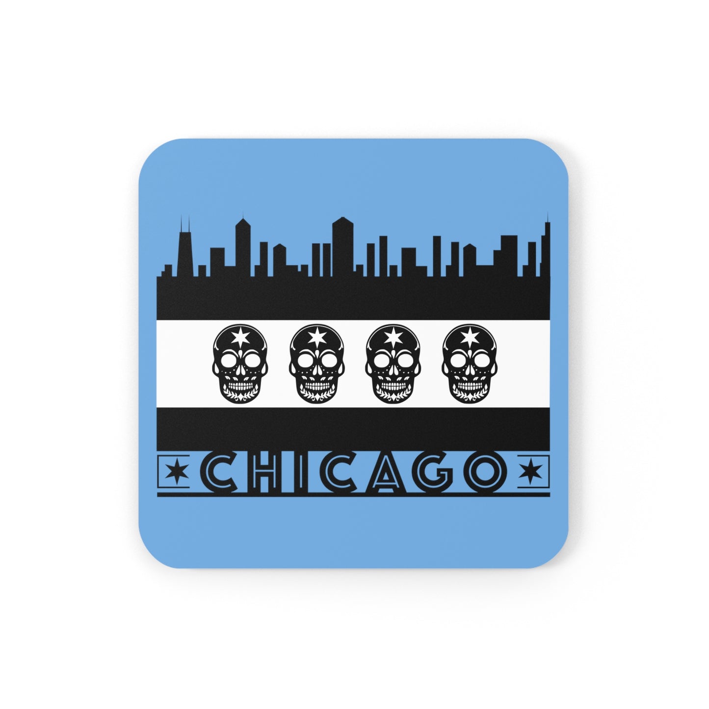 Chicago Flag With Skulls As Stars Black & White Cork Back Coaster