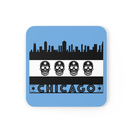 Chicago Flag With Skulls As Stars Black & White Cork Back Coaster