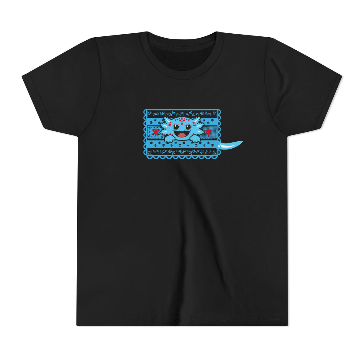 A blue axolotl pops through Chicago flag-inspired papel picado on a black youth tee
