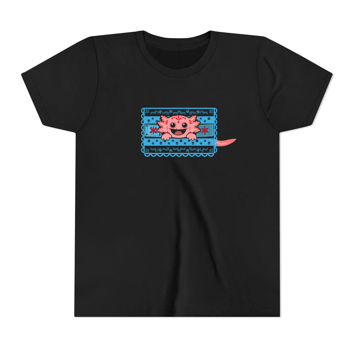 A pink axolotl pops through Chicago flag-inspired papel picado on a black youth tee