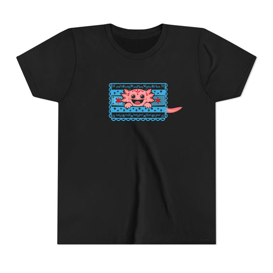 A pink axolotl pops through Chicago flag-inspired papel picado on a black youth tee