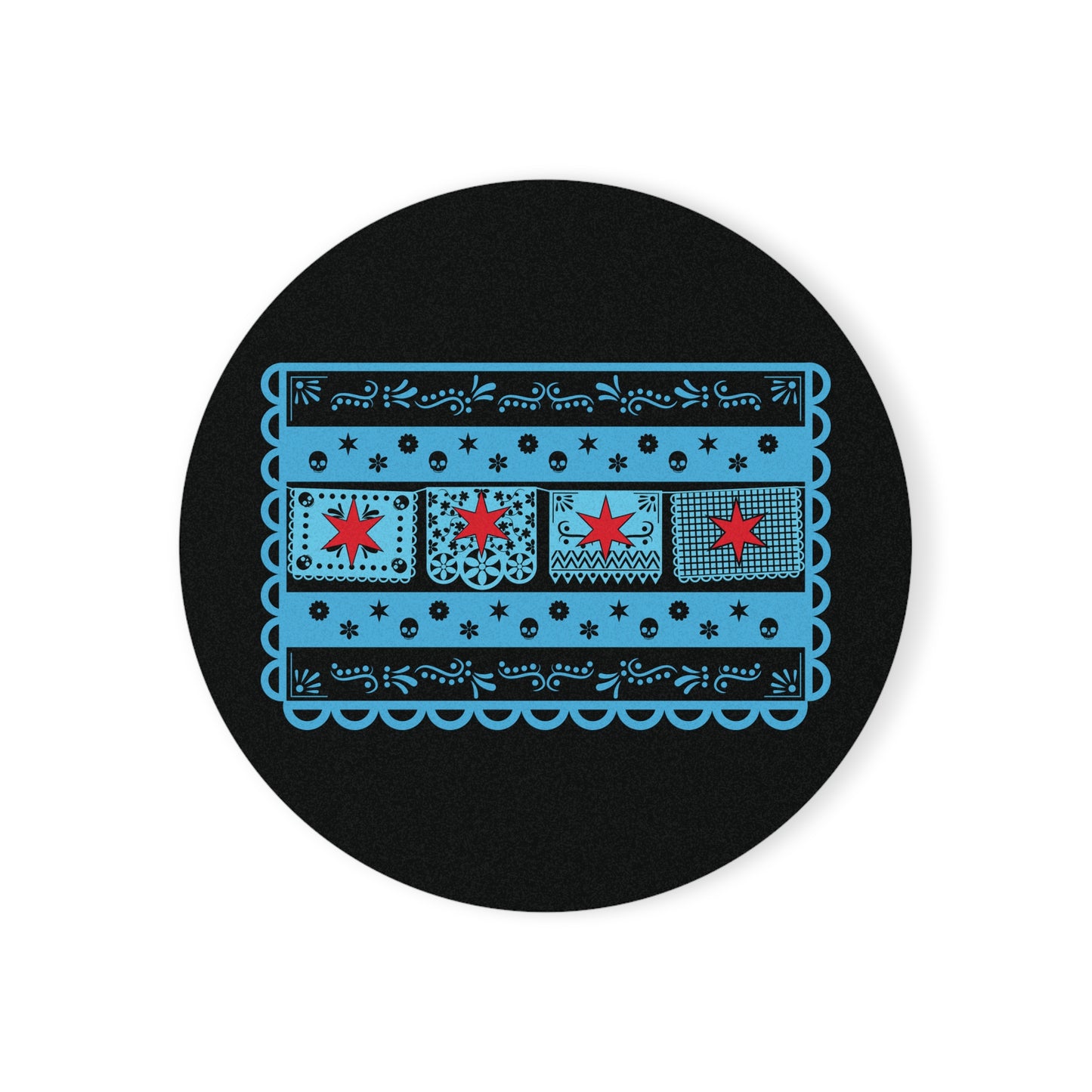 Chicago Flag With Papel Picado All Dark Cork Back Coaster