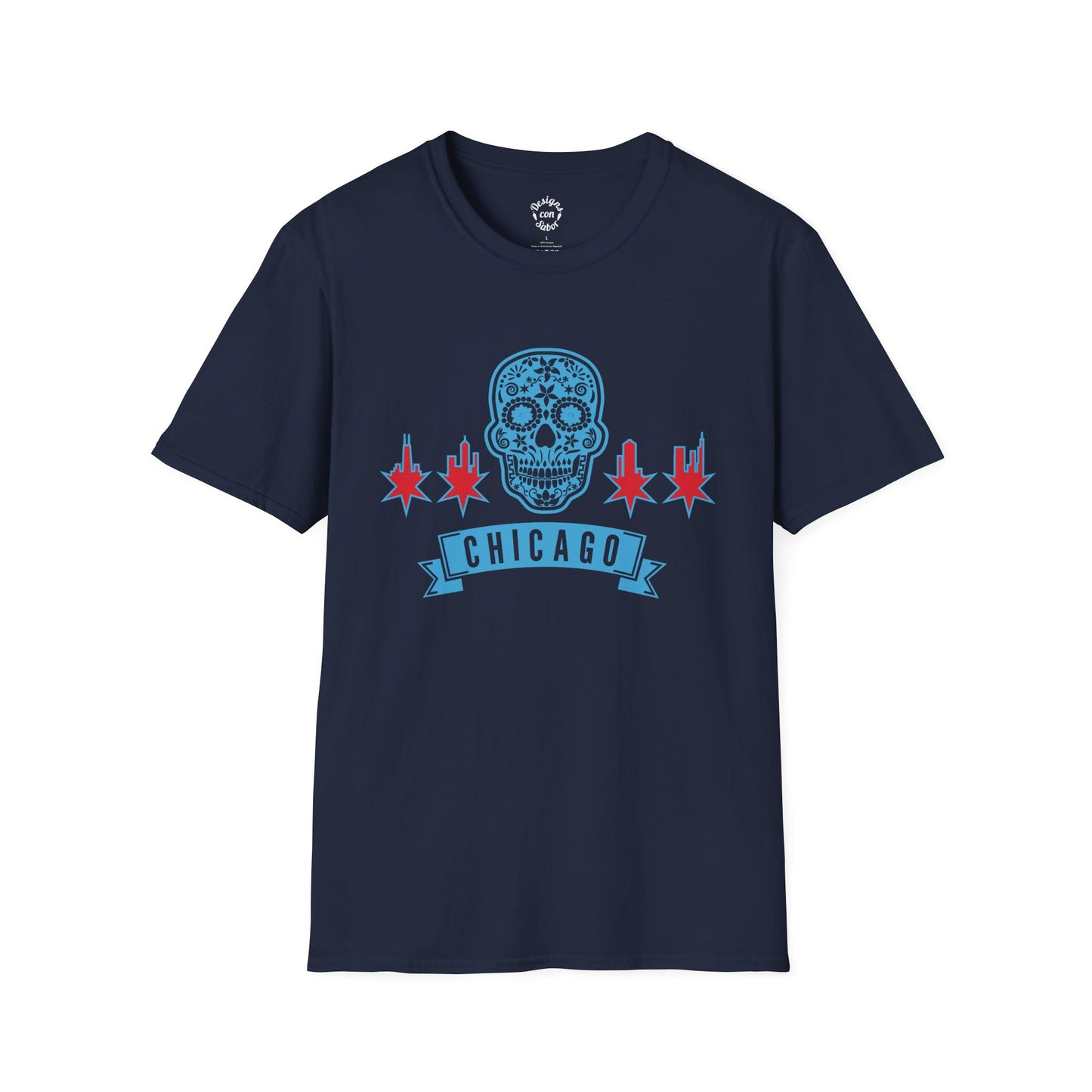 Chicago Skull T-Shirt with Banner Chicago Flag Inspired Sugar Skull Tee