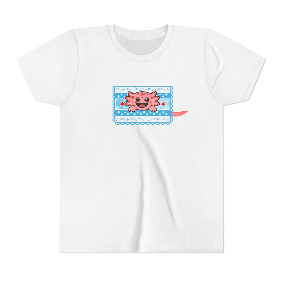 A pink axolotl pops through Chicago flag-inspired papel picado on a white youth tee