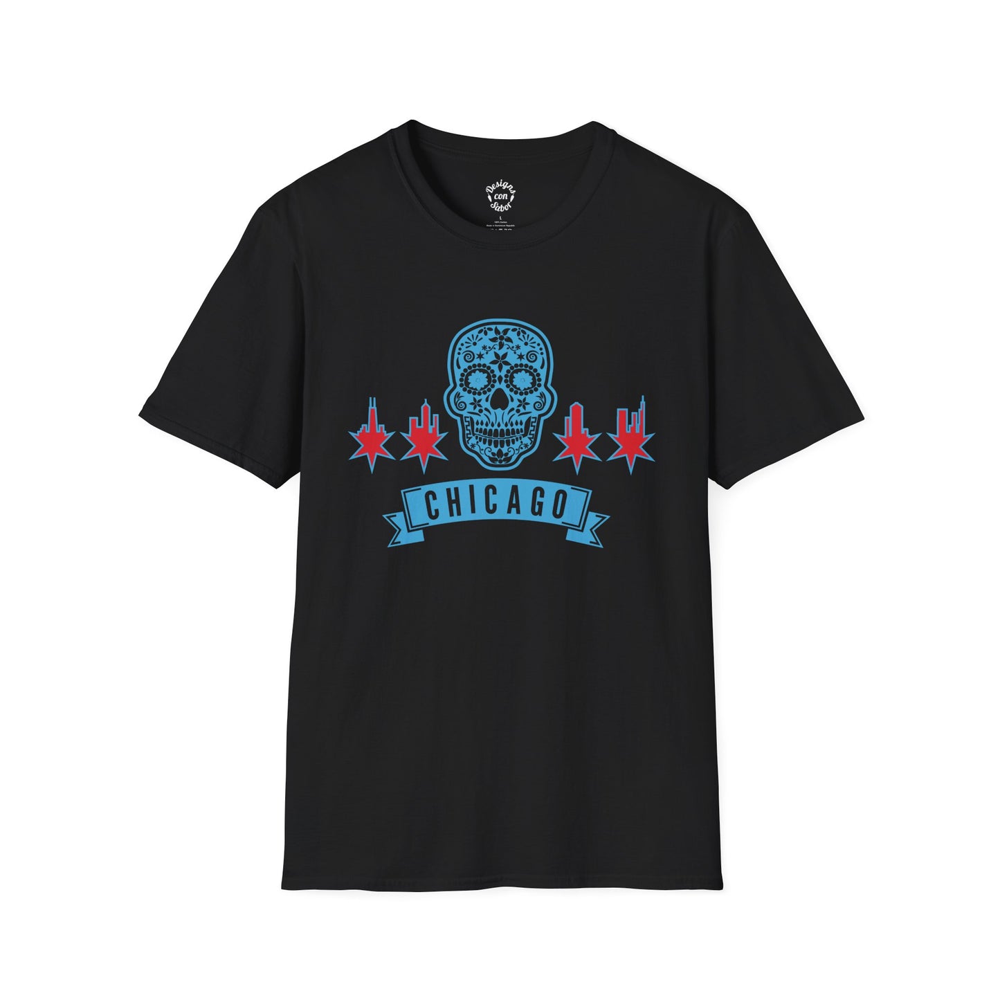 Chicago Skull T-Shirt with Banner Chicago Flag Inspired Sugar Skull Tee