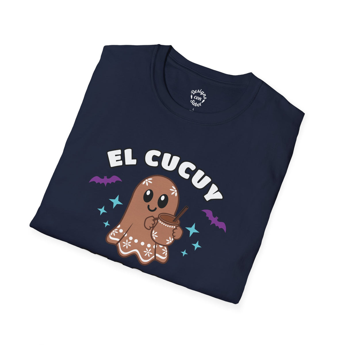Folded navy El Cucuy Season terracotta ghost holding a clay-style cup with purple bats and turquoise stars on adult T Shirt