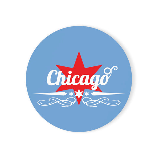 Chicago Text With Flag Stars Cork Back Coaster