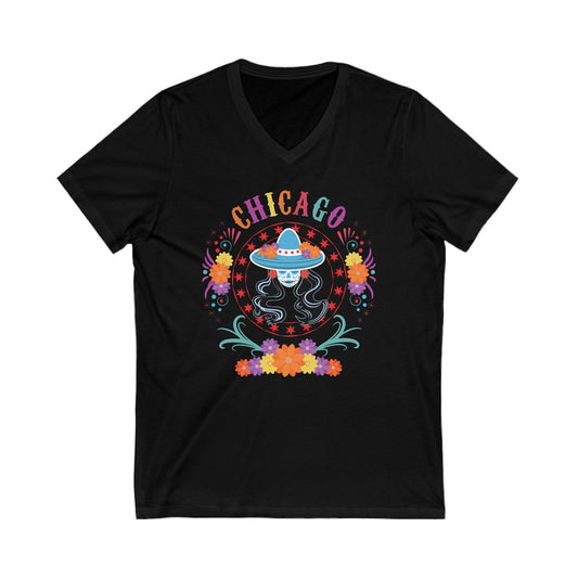 Chicago Catrina With Sombrero Dia De Los Muertos Colors V-Neck