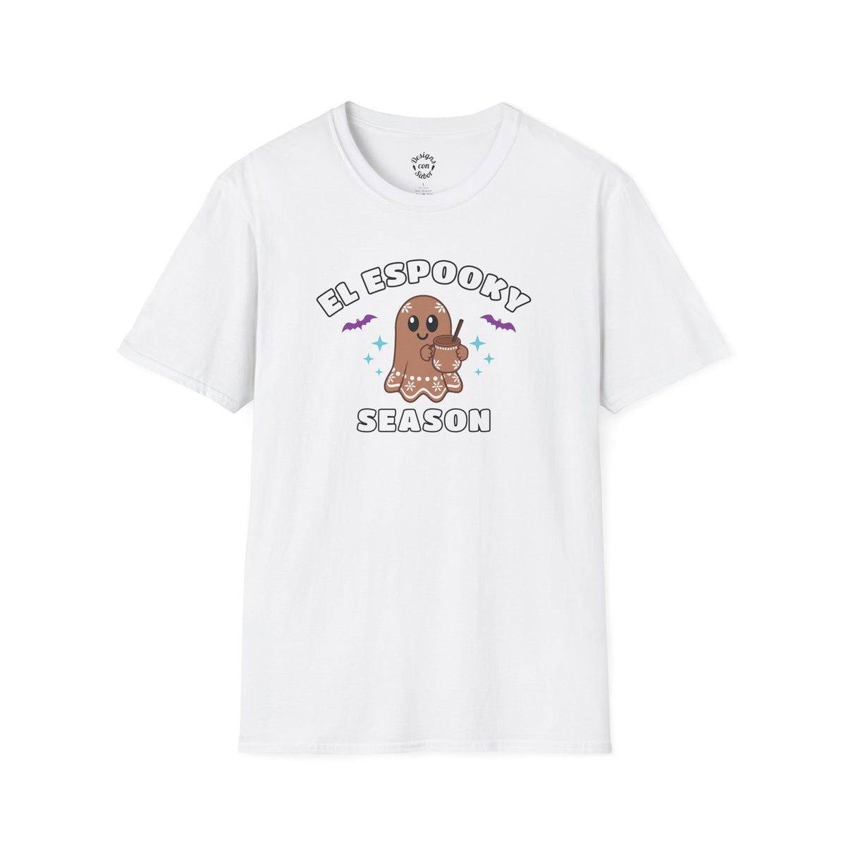 El Espooky Season terracotta ghost design with purple bats and turquoise stars on a white adult T Shirt.