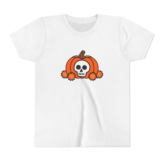 Pumpkin Calavera youth white tee pairs a playful pumpkin, a friendly calavera skull, and marigolds for a subtle blend of Halloween + Día de los Muertos