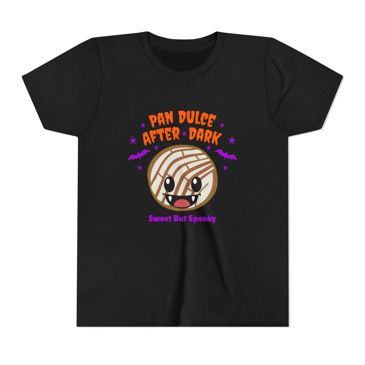 A vampire concha, purple bats, and Pan Dulce After Dark spooky-cute black youth tee