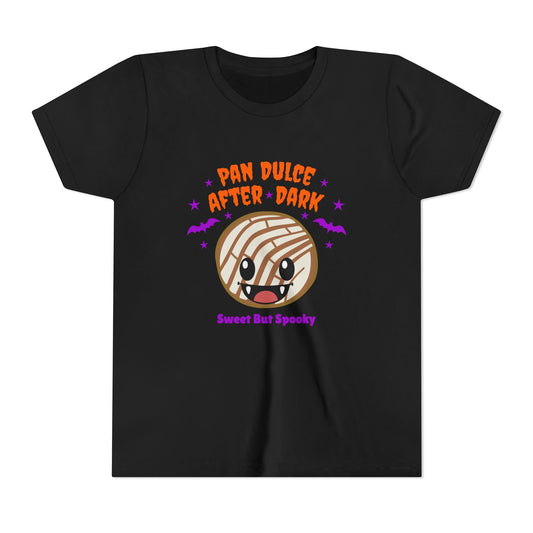 A vampire concha, purple bats, and Pan Dulce After Dark spooky-cute black youth tee