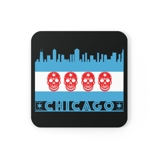 Chicago Flag With Skulls As Stars Cork Back Coaster