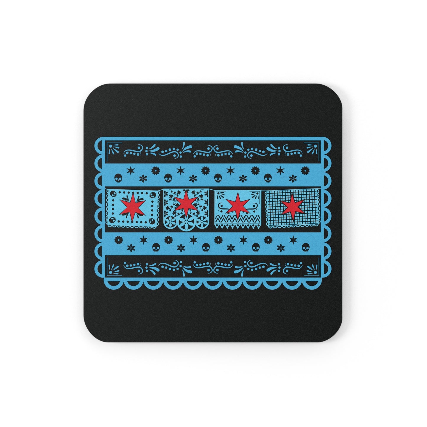 Chicago Flag With Papel Picado All Dark Cork Back Coaster