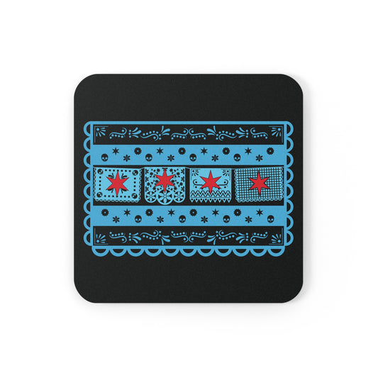 Chicago Flag With Papel Picado All Dark Cork Back Coaster