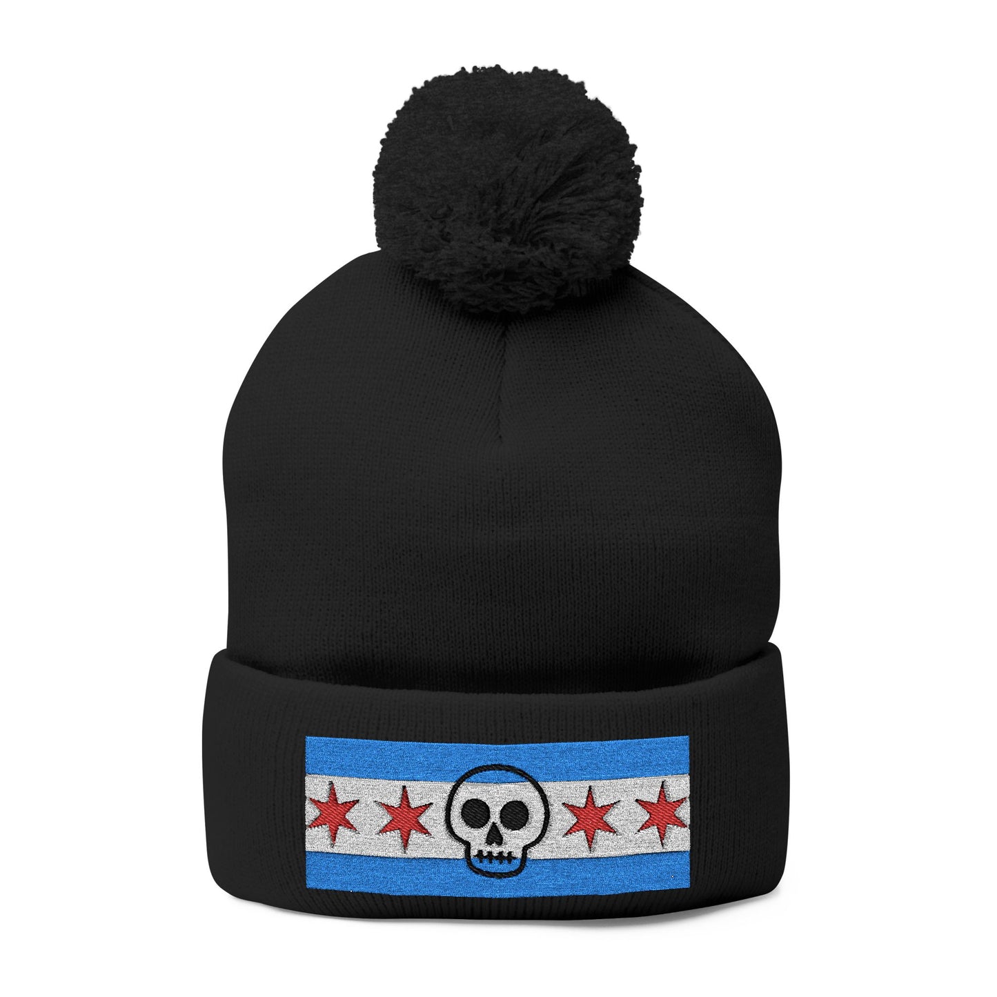 Chicago Skull Flag Pom Beanie Calavera Chicago Knit Cap