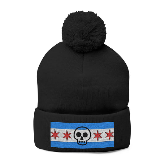 Chicago Skull Flag Pom Beanie Calavera Chicago Knit Cap