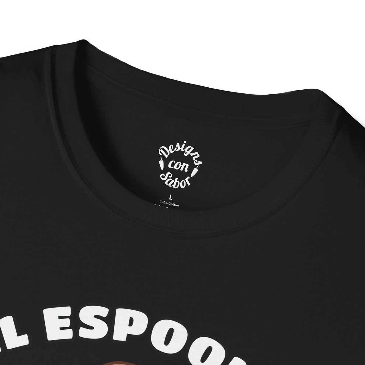 Inside neck print on black El Espooky Season terracotta ghost design with purple bats and turquoise stars on a black adult T Shirt with Designs Con Sabor logo